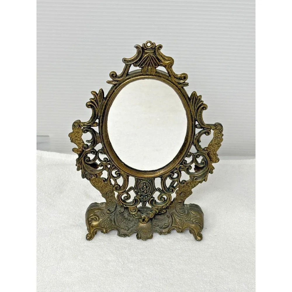 Vtg Ornate Cast Metal Vanity Mirror Tabletop Rococo Victorian Style Brass Finish